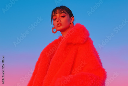 Fashionable woman in bright red fur coat against a gradient sky backdrop