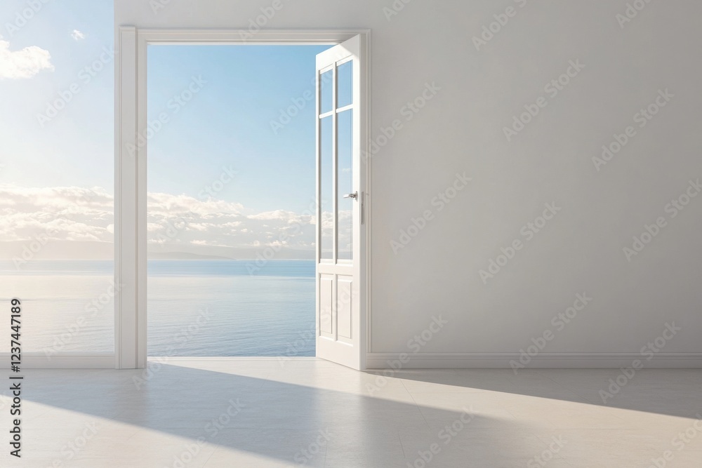 Fototapeta premium Open doorway to serene ocean view on sunny day