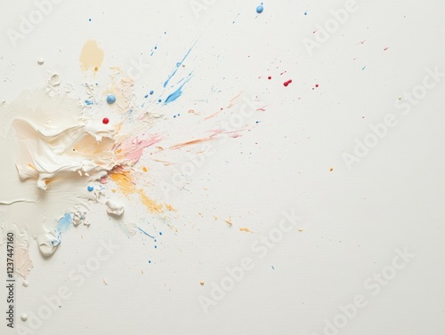 Vibrant paint splatter on canvas with creamy texture and colorful drops photo