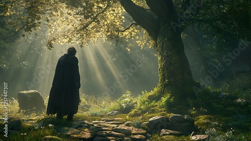 Solitary figure in mystical forest, sunlight rays, stone path, fantasy background, ideal for game design