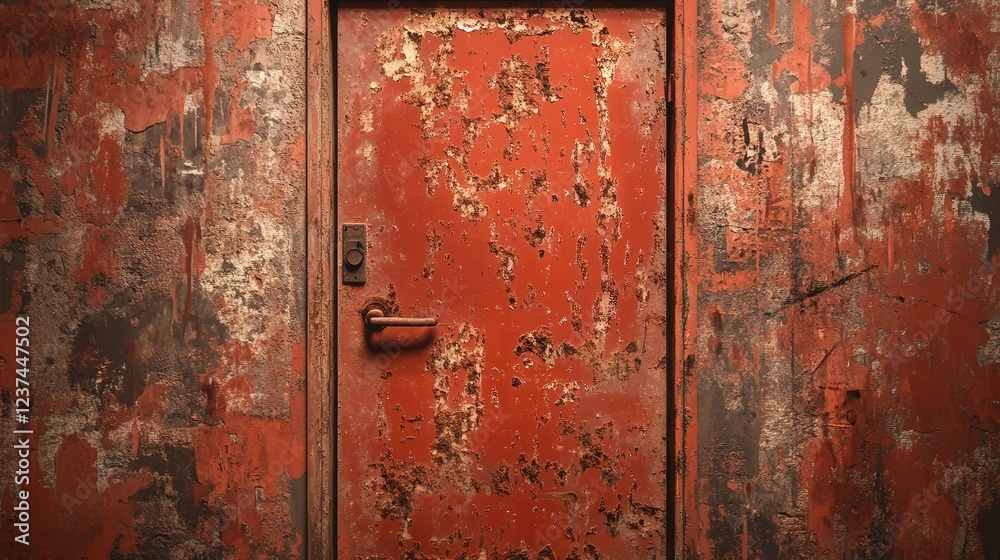 rusty fire exit door in a long-forgotten basement, its surface covered in scratches and peeling paint, vividly portrayed in sharp 4K resolution rusty fire exit door in a long-forgotten basement, its surface covered in scratches and peeling paint, vividly portrayed in sharp 4K resolution