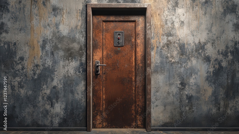 door with a barely visible push bar, set in a corridor with flaking paint and dusty floors, detailed in a dramatic 4K shot door with a barely visible push bar, set in a corridor with flaking paint and dusty floors, detailed in a dramatic 4K shot