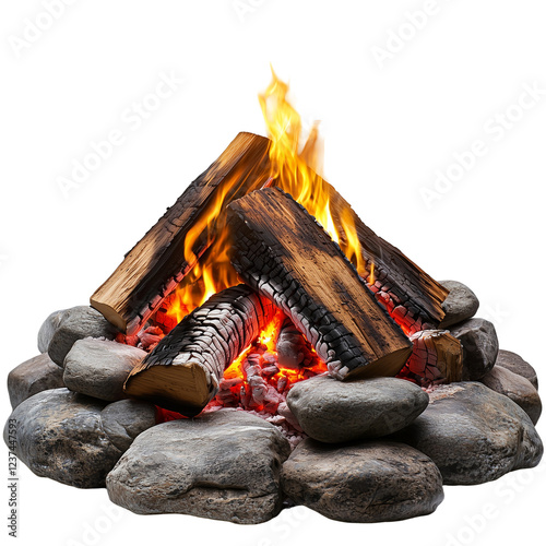 Close-up of a roaring campfire in a dark forest perfect for adventure, camping, and survival themes isolated on transparent background  photo