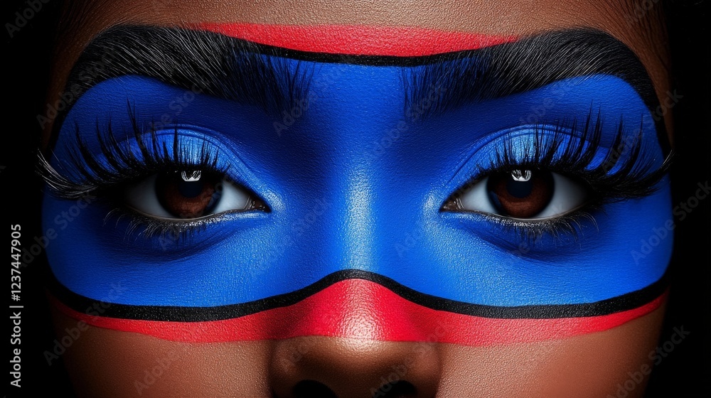 Vigilant Gaze: A close-up of mesmerizing eyes, framed by bold blue and red artistic makeup, evokes a sense of intensity, mystery, and strength. Vigilant Gaze: A close-up of mesmerizing eyes, framed by bold blue and red artistic makeup, evokes a sense of intensity, mystery, and strength.