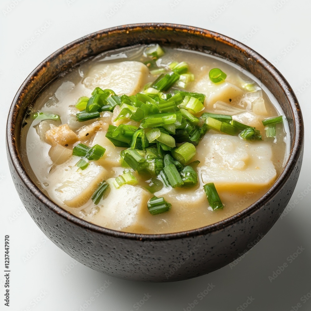 Delicious Korean Tteokguk Soup with Sliced Green Onions and Rice Cake Delicious Korean Tteokguk Soup with Sliced Green Onions and Rice Cake