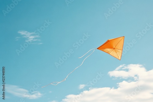 Bright orange kite soaring in clear blue sky with white clouds