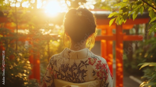 woman in kimono at sunset shrine