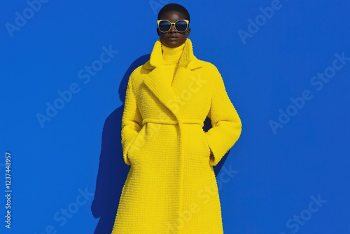 Fashion model in yellow coat and sunglasses against blue backdrop