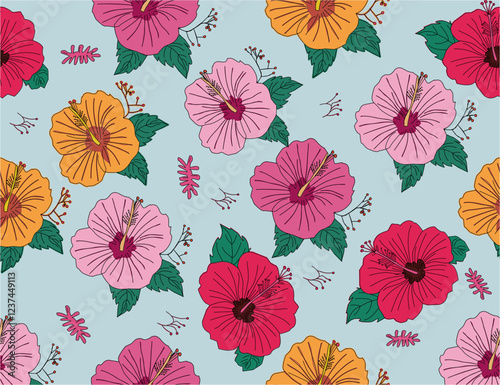 Seamless hibiscus floral pattern. Colorful hibiscus flower with leaf seamless pattern for summer holidays background. Flower vector. Hand-drawn hibiscus flower pattern.  