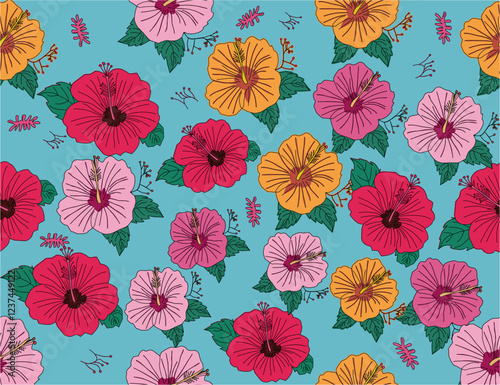Seamless hibiscus floral pattern. Colorful hibiscus flower with leaf seamless pattern for summer holidays background. Flower vector. Hand-drawn hibiscus flower pattern.  