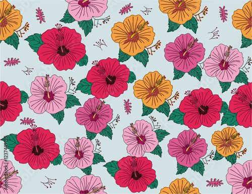 Seamless hibiscus floral pattern. Colorful hibiscus flower with leaf seamless pattern for summer holidays background. Flower vector. Hand-drawn hibiscus flower pattern.  