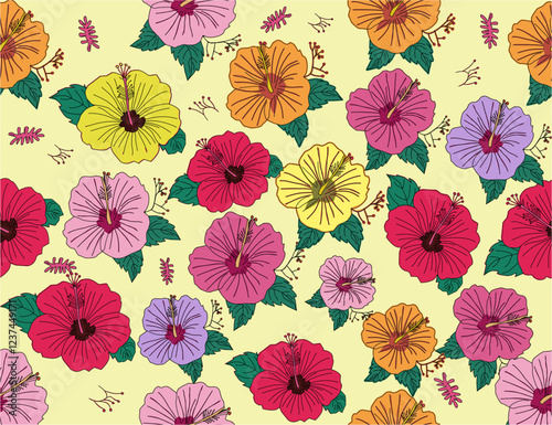 Seamless hibiscus floral pattern. Colorful hibiscus flower with leaf seamless pattern for summer holidays background. Flower vector. Hand-drawn hibiscus flower pattern.  