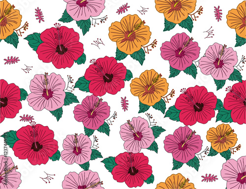 Seamless hibiscus floral pattern. Colorful hibiscus flower with leaf seamless pattern for summer holidays background. Flower vector. Hand-drawn hibiscus flower pattern.  