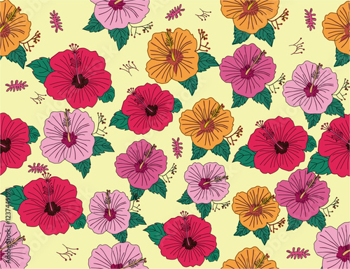 Seamless hibiscus floral pattern. Colorful hibiscus flower with leaf seamless pattern for summer holidays background. Flower vector. Hand-drawn hibiscus flower pattern.