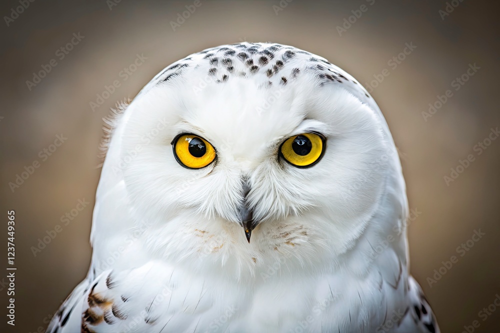 Fototapeta premium Pure white owl, vertically framed. A minimalist wildlife close-up capturing serene avian elegance.