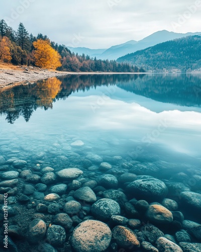 lake with clear, transparent water that reveals the rocky bottom.