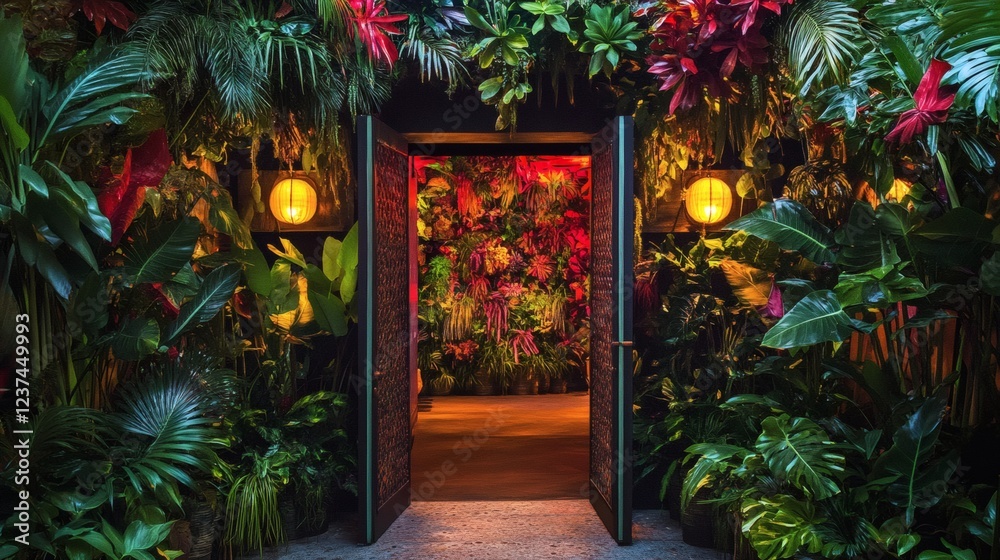 Lush Tropical Entrance to Exotic Restaurant or Bar