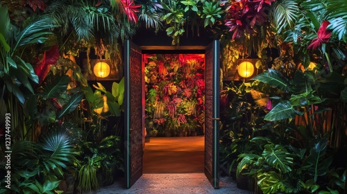Lush Tropical Entrance to Exotic Restaurant or Bar