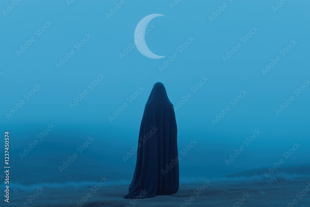 Mysterious Figure Under Crescent Moon in Blue Haze Mysterious Figure Under Crescent Moon in Blue Haze