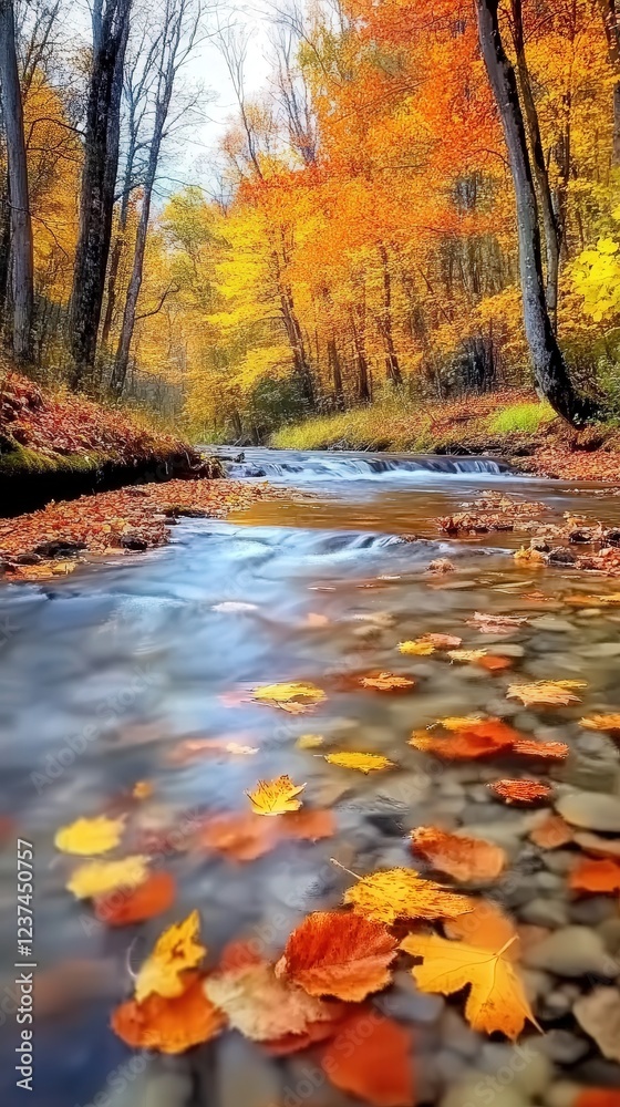stream flowing through an autumn forest landscape. The vibrant fall colors of the trees surround the crystal-clear water stream flowing through an autumn forest landscape. The vibrant fall colors of the trees surround the crystal-clear water