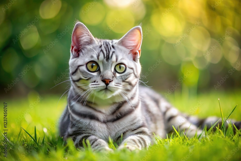 Short-haired silver tabby kitten plays outdoors; a perfectly composed rule-of-thirds shot. Short-haired silver tabby kitten plays outdoors; a perfectly composed rule-of-thirds shot.