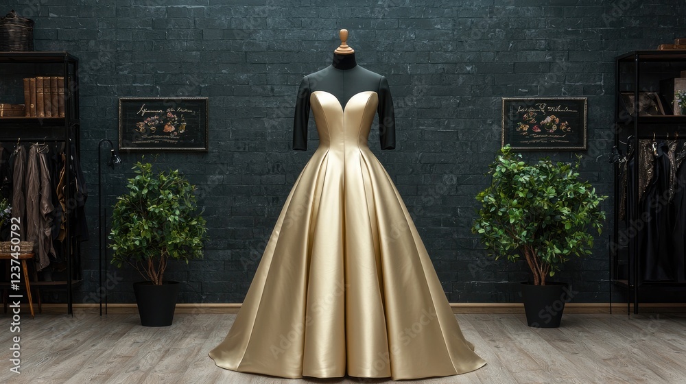 Fototapeta premium Elegant gold satin evening gown displayed on a mannequin in a luxury fashion boutique showroom.