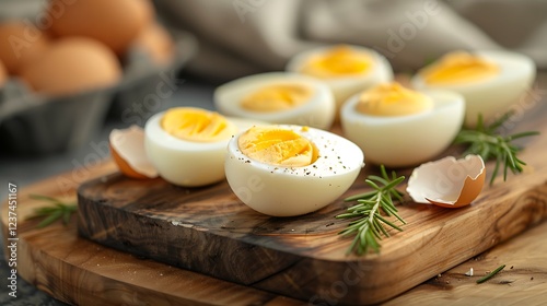 Fresh boiled eggs on a wooden board, selective focus