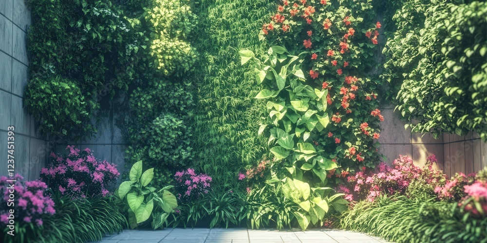 Fototapeta premium vertical garden with lush foliage, including colorful flowers and climbing plants, growing effortlessly on a well-designed wall structure