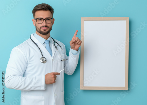 Confident Male Doctor Presenting a Blank Signboard for Medical Advertisement