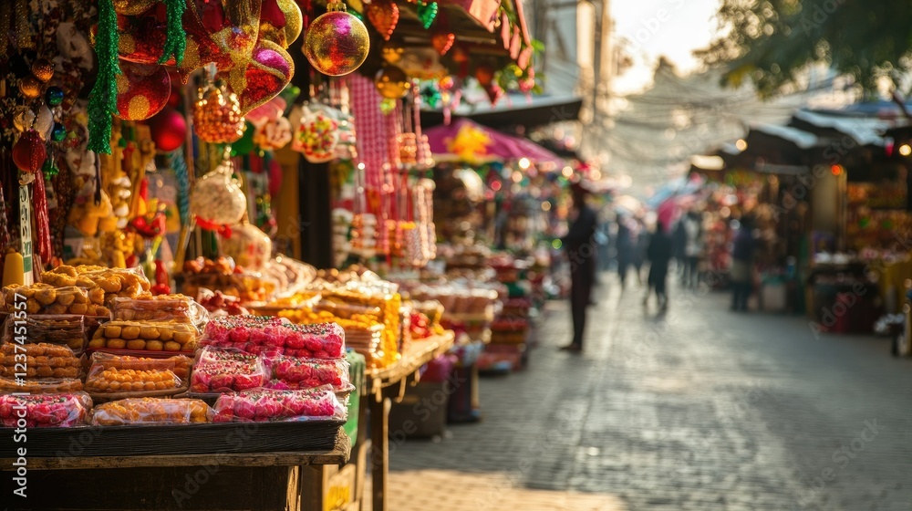 Obraz premium Vibrant Christmas Market in a Sunny City Street
