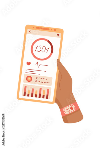 Smartphone held in hand displays health application. Mobile device shows fitness tracker with health data. Digital app provides detailed statistics on physical activity, digital style, suitable for
