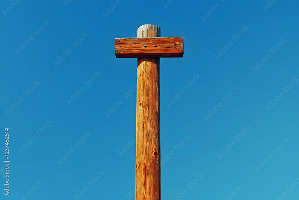 Wooden post sign, clear sky, outdoor. Use direction Wooden post sign, clear sky, outdoor. Use direction