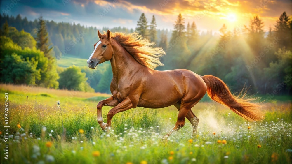 Stunning red mare, springtime elegance, captured in a breathtaking equestrian scene. Stunning red mare, springtime elegance, captured in a breathtaking equestrian scene.