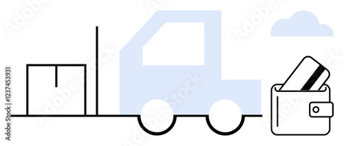 Delivery truck carrying package near a wallet with credit card. Ideal for e-commerce, online shopping, logistics, delivery services, retail business, payment methods, customer service. Line metaphor