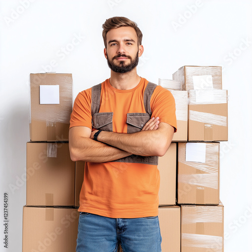 Confident Manual Worker Standing Near Cardboard Boxes with Arms Crossed