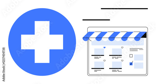 Blue medical cross next to a storefront website layout, with a blue and white awning. Ideal for online pharmacy, digital health, telemedicine, e-commerce solutions, medical services, healthcare