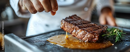 Closeup of chefs hand drizzling sauce over a perfectly grilled steak on a hot plate.  Rich, succulent meat with rosemary garnish.  Ideal for restaurant menus, food blogs, or culinary publications.
