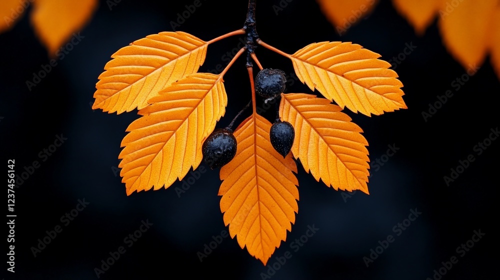 Autumn's Embrace: Close-up of vibrant orange leaves and dark berries on a branch. The rich colors evoke a sense of warmth and the beauty of seasonal change. Autumn's Embrace: Close-up of vibrant orange leaves and dark berries on a branch. The rich colors evoke a sense of warmth and the beauty of seasonal change.