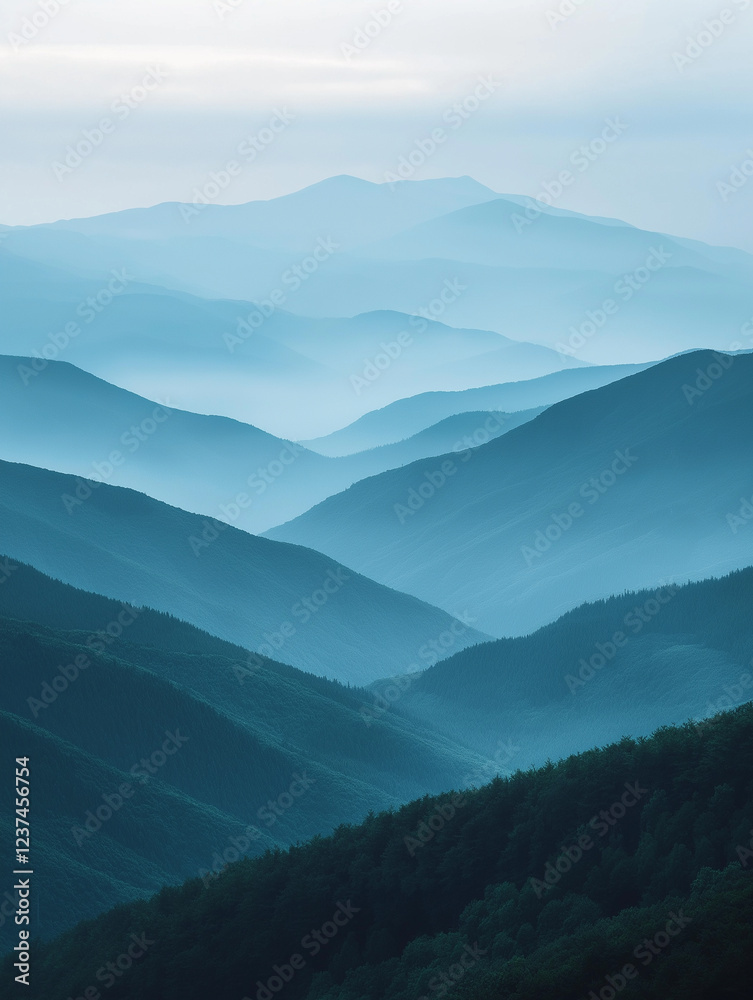 Landscape with abstract gradient of mountain peaks in blue colors, natural travel outdoor background Landscape with abstract gradient of mountain peaks in blue colors, natural travel outdoor background