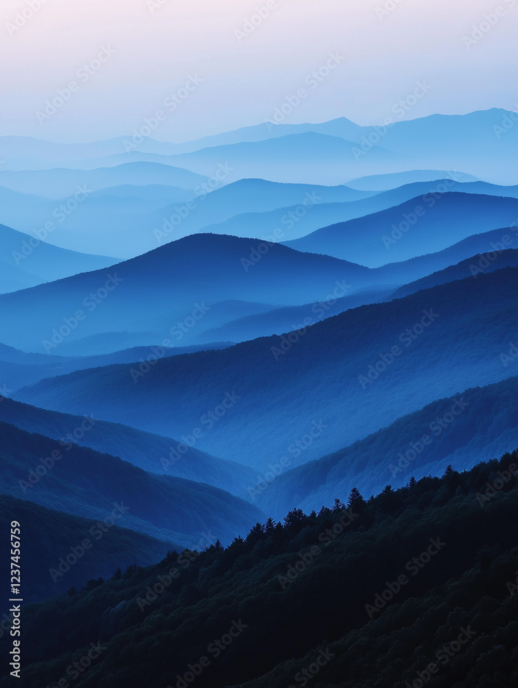 Landscape with abstract gradient of mountain peaks in blue colors, natural travel outdoor background Landscape with abstract gradient of mountain peaks in blue colors, natural travel outdoor background