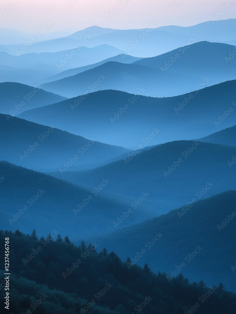 Fototapeta premium Landscape with abstract gradient of mountain peaks in blue colors, natural travel outdoor background