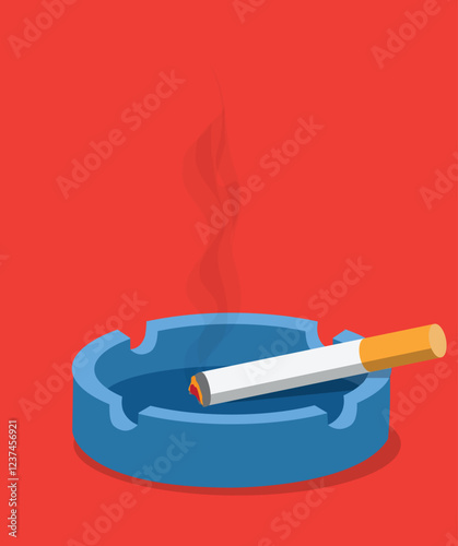 Ashtray with lighted cigarette on red background.