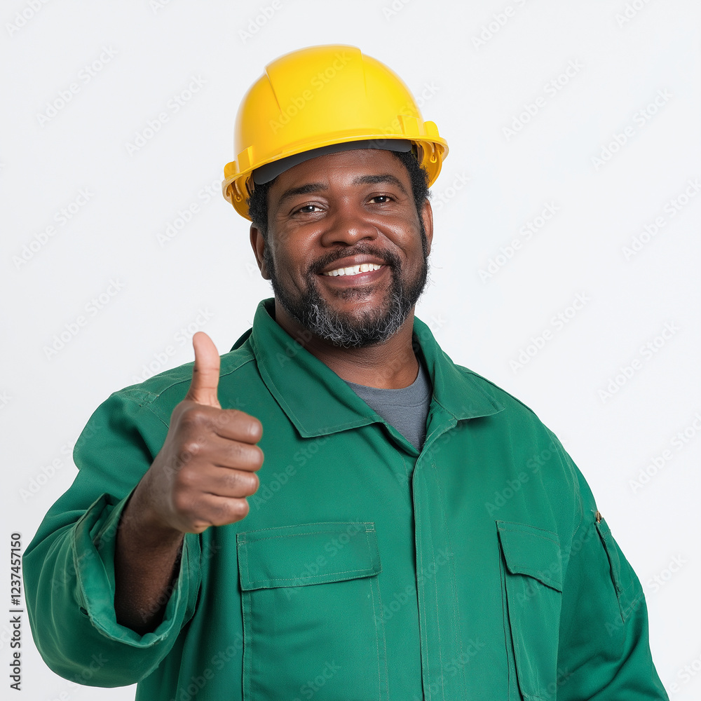 Confident Construction Worker in Green Uniform Giving Thumbs Up Sign and Smiling Confident Construction Worker in Green Uniform Giving Thumbs Up Sign and Smiling