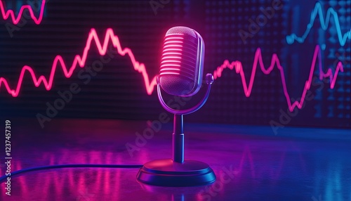 Retro Microphone and Neon Stock Market Graph: Broadcasting Financial News in a Vibrant Studio Setting.