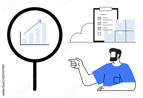 Magnifying glass with graph, checklist with boxes, and man pointing. Ideal for business analysis, organization, planning, growth, productivity management teamwork. Abstract line flat metaphor