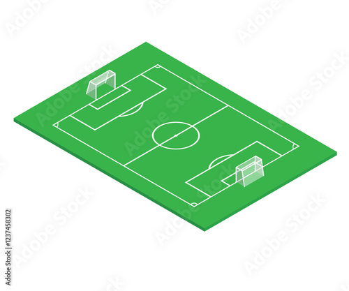 Green grass football field. Isometric view of soccer pitch isolated on white background stock illustration