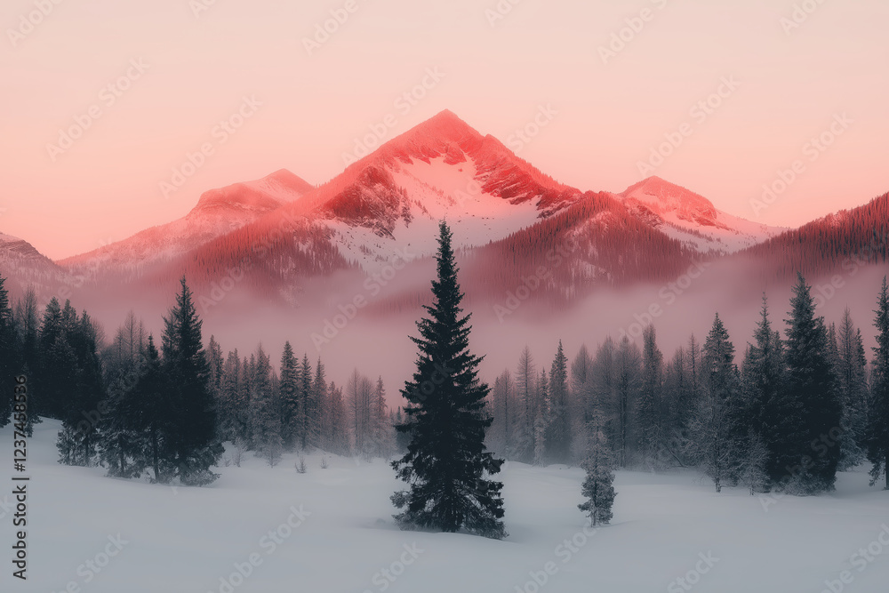 Obraz premium Snowy Mountain Landscape at Sunset with Pine Trees