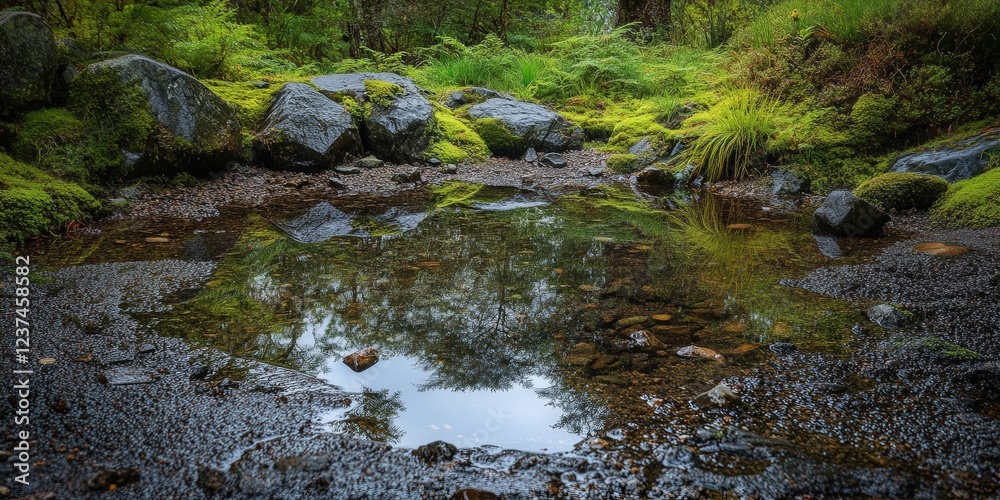 Fototapeta premium stagnant water in a mountain pond at Glenridding, where the rain has ceased, allowing the water to settle and reflect the surrounding natural beauty