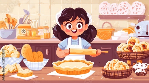 Girl baker rolling pie dough in kitchen bakery