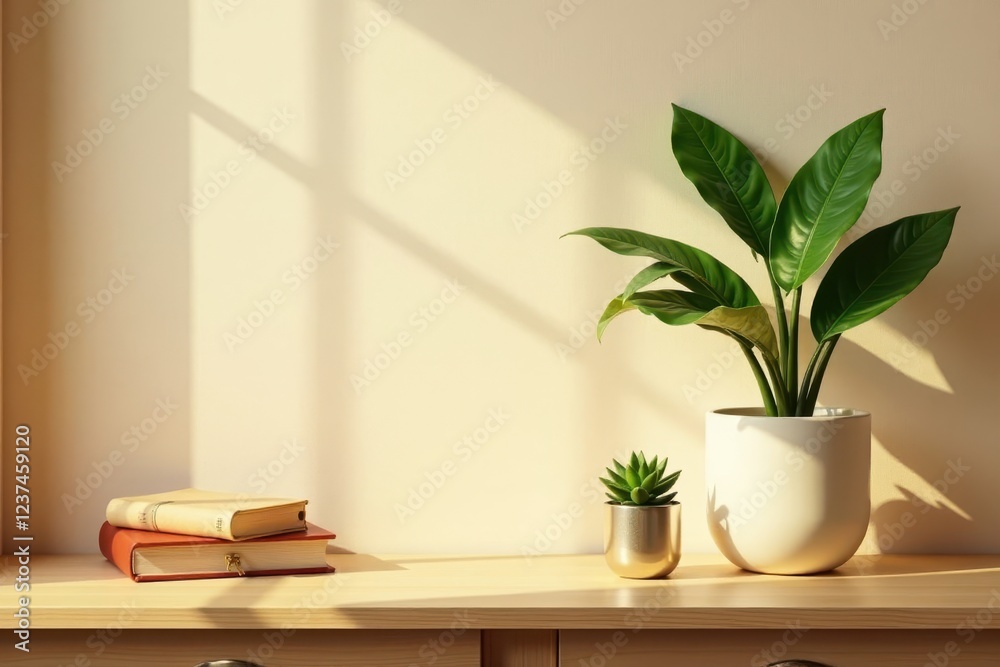 Serene Sunlight Illuminates a Minimalist Wooden Shelf Display Featuring Lush Greenery and Stacked Books Serene Sunlight Illuminates a Minimalist Wooden Shelf Display Featuring Lush Greenery and Stacked Books